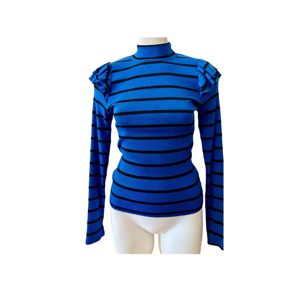 t.la Blue Black Stripe Mock Neck Ruffle Sleeve Knit Top Women Small